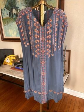Sundance Slate Blue Silk Dress with pink Embroidery